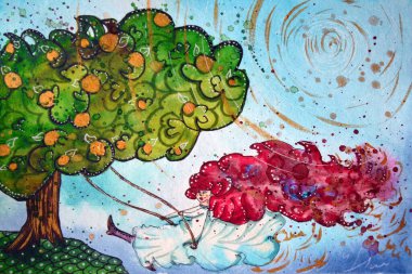 Bahar çiçeği açan ağaç. Mutlu ve hareketli kız salıncakta.