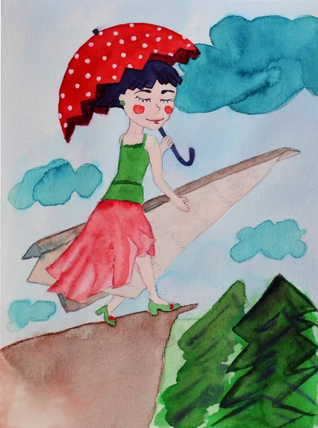 Gelukkig meisje met paraplu en papier vliegtuig, aquarel — Stockfoto