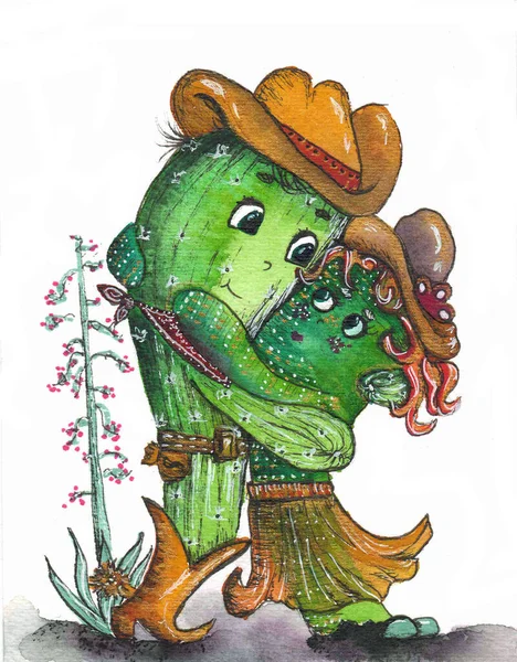 Cactus hug watercolor drawing. Cute cartoon cactus couple in love, funny Valentines day illustration. — Stock Photo, Image