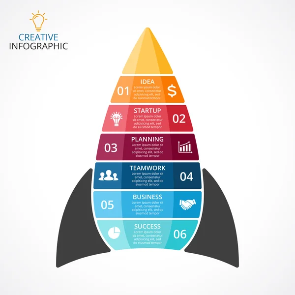 Infográfico de foguetes vetoriais, diagrama gráfico, apresentação de gráficos. Conceito de inicialização de negócios com 6 opções, peças, etapas, processos . — Vetor de Stock