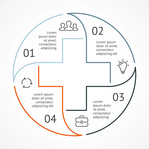 Vecteur plus infographie, diagramme médical, graphique des soins de santé, présentation à l'hôpital, carte d'urgence. Médecine médecin logo linéaire. Concept avec 4 options, pièces, étapes, processus . — Image vectorielle