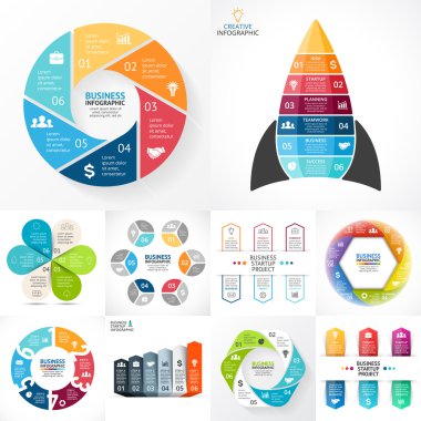 Vektör daire Infographic ayarlayın. İş diyagramları, okları grafikler, doğrusal sunumlar, fikir döngüsü grafikler. Veri seçenekleri, parçalar, 6 adım.