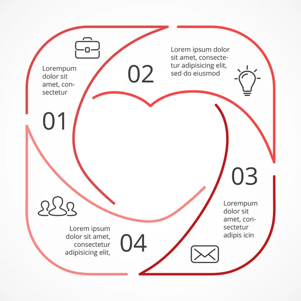 Vektorherzkreis lineare Infografik. Vorlage für Liebeszyklus-Diagramm, Grafik, Präsentation, rundes Diagramm. Geschäftskonzept mit 4 Optionen, Teilen, Schritten, Prozessen. fröhlicher Valentinstag. — Stockvektor