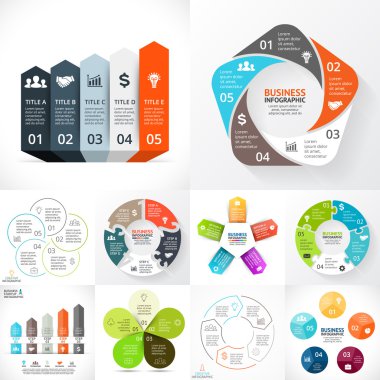 Vektör daire Infographic ayarlayın. İş diyagramları, okları grafikler, doğrusal sunumlar, fikir döngüsü grafikler. Veri seçenekleri, parçalar, 5 adım. Eko yeşil yaprakları, Pentagon'un, puzzle.