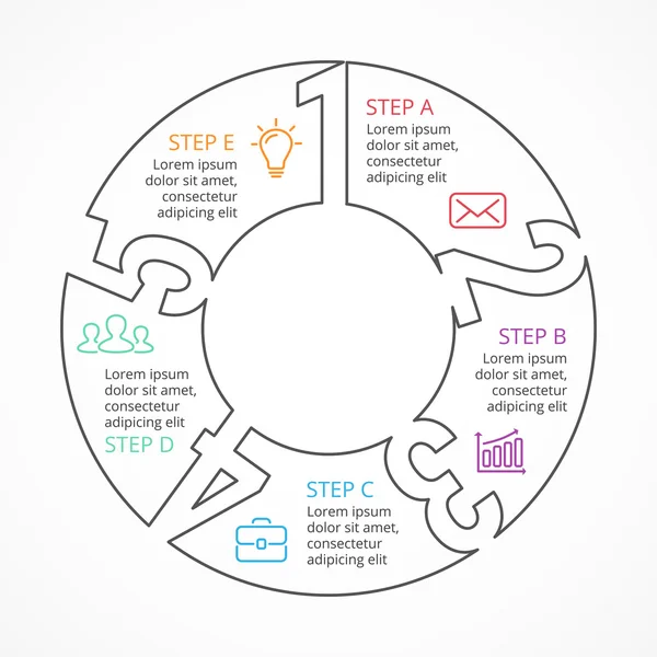 Números de círculo vetorial infográfico linear, diagrama de ciclo, gráfico, gráfico de apresentação. Conceito de negócio com 5 opções, peças, etapas, processos . — Vetor de Stock