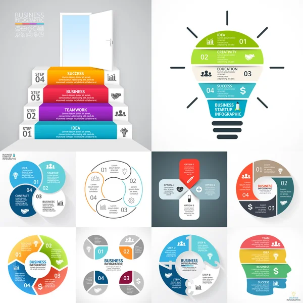 Vector circle infographic set. Business diagrams, arrows graphs, blur linear presentations, idea cycle charts. Data options, parts, 4 steps. Bulb, brain, eco, stairs, medical health plus sign. — Stock Vector