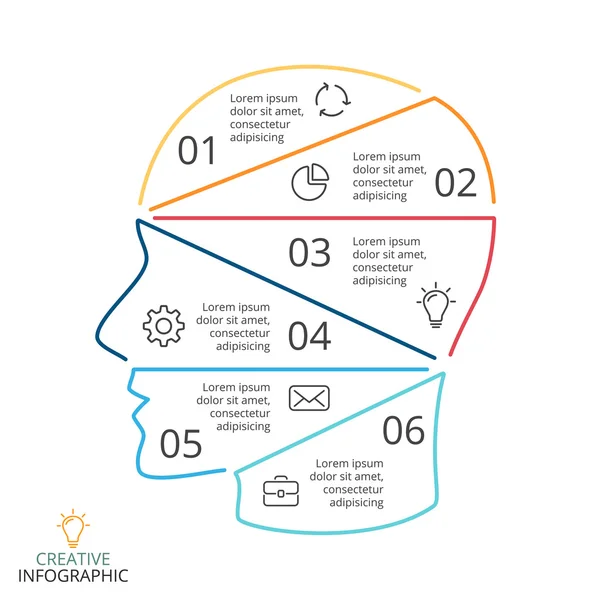 Infographie linéaire du cerveau vectoriel. Diagramme de tête humaine, graphique de l'intelligence artificielle, présentation de l'éducation et carte faciale. Idée d'entreprise apprendre concept avec 6 options, pièces, étapes de l'esprit. Brainstorming . — Image vectorielle