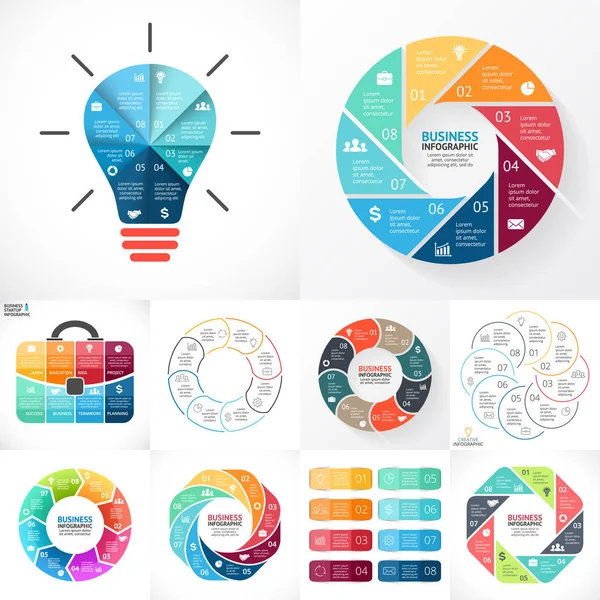 Vector circle infographic set. Business diagrams, arrows graphs, linear presentations, idea cycle charts. Data options, parts, 8 steps. Light bulb, briefcase, stickers. — Stock Vector