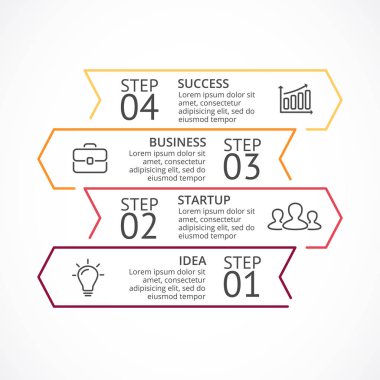 Vektör okları en az Infographic, düz diyagramı, doğrusal grafik, tanıtım, katmanlı grafik. İş kavramı ile 4 seçenekleri, parçalar, adımları, işler.