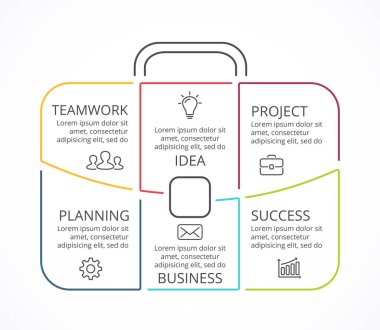 Vektör evrak çantası doğrusal Infographic. Çanta diyagramı, grafik, tanıtım, grafiği veri şablonu. 6 seçenekleri, parçalar, adımları veya işlemler ile iş profesyonel portföy. Seyahat ve Turizm kavramı.