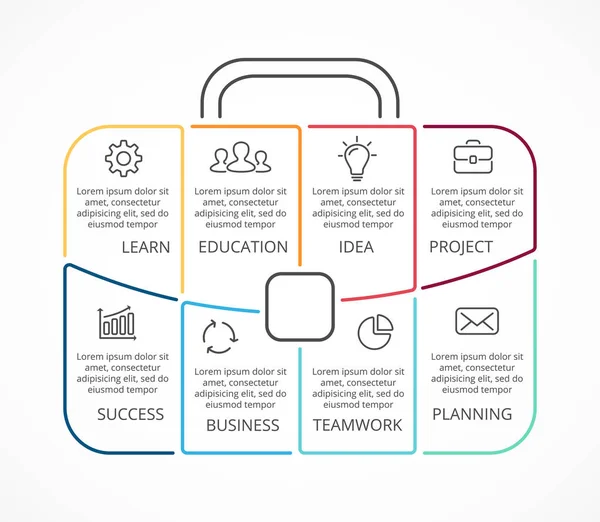 Infografía lineal del maletín vectorial. Plantilla para diagrama de bolsa, gráfico, presentación, gráfico de datos. Portafolio profesional de negocios con 8 opciones, piezas, pasos o procesos. Concepto de viajes y turismo . — Archivo Imágenes Vectoriales