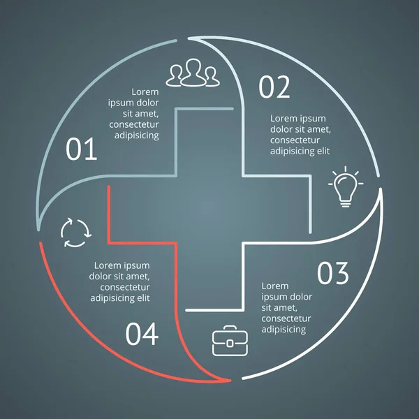 Vecteur plus infographie linéaire, diagramme médical, graphique des soins de santé, présentation à l'hôpital, carte d'urgence. Concept de médecin avec 4 options, pièces, étapes, processus . — Image vectorielle