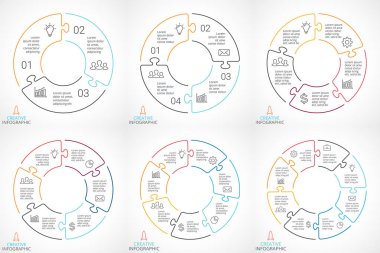 Daire bulmaca okları Infographic vektör, döngüsü diyagramı, doğrusal grafik, sunu grafik. İş kavramı ile 3, 4, 5, 6, 7, 8 seçenekleri, parçalar, adımları, süreçler.