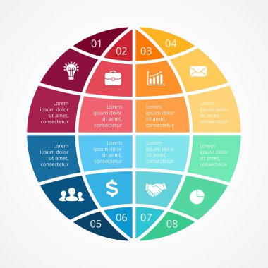 Daire globus Infographic vektör, döngüsü diyagramı, küresel nerwork grafik, dünya sunum grafik. İş kavramı ile 8 seçenekleri, parçalar, adımları, işler. Planet Earth.