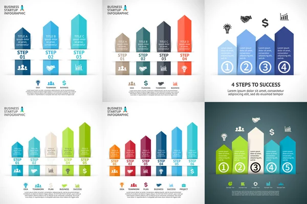 Infográfico de setas vetoriais, diagrama gráfico, apresentação de gráficos. Conceito de inicialização de negócios com 3, 4, 5, 6 opções, peças, etapas, processos . — Vetor de Stock