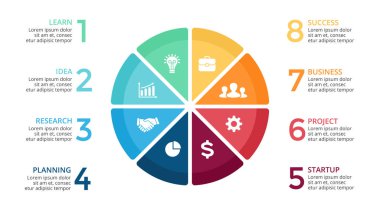 Daire okları Infographic vektör, döngüsü diyagramı, grafik, sunu grafik. İş kavramı ile 8 seçenekleri, parçalar, adımları, işler.