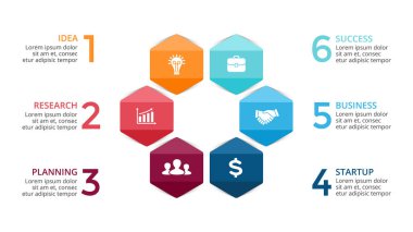 Daire okları Infographic vektör, döngüsü diyagramı, altıgen grafik, sunu grafik. İş kavramı ile 6 seçenekleri, parçalar, adımları, işler. 16:9 slayt. Renkli resimde.