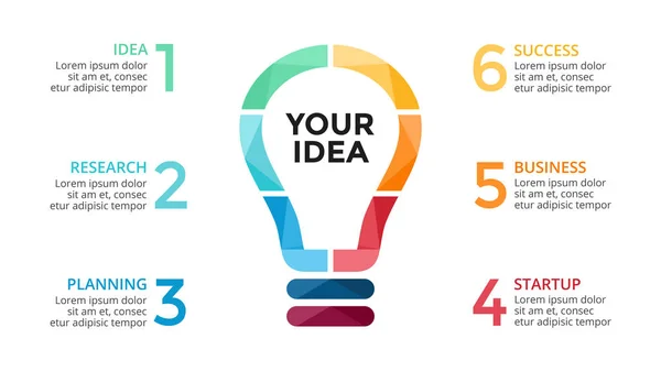 Vector light bulb infographic. Template for circle diagram, graph, presentation and round chart. Business startup idea lamp concept with 6 options, parts, steps, processes. Successful brainstorming. — Stock Vector