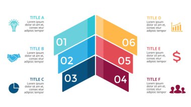 Vektör okları Infographic, diyagram grafik, grafik sunum. İş kavramı ile 6 seçenekleri, parçalar, adımları, işler.