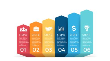 Vektör kadar okları Infographic, ilerleme durumu diyagramı çizelgesi, merdiven grafik sunum. İş succecc kavramı ile 6 seçenekleri, parçalar, adımları, işler.