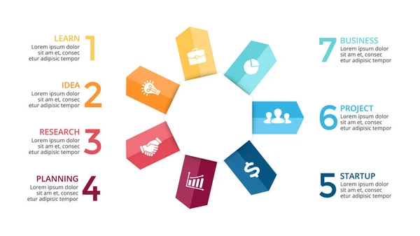 Frecce circolari vettoriali infografiche, diagramma del ciclo, grafico, grafico di presentazione. Concetto aziendale con 7 opzioni, parti, fasi, processi . — Vettoriale Stock