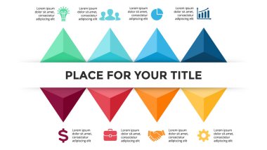 Vektör okları üçgenler zaman çizelgesi Infographic, diyagram grafik, grafik. İş kavramı ile 8 seçenekleri, parçalar, adımları, işler. 16:9. hazır için sunuyu slayt.