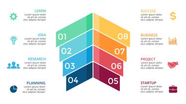 Vektör okları Infographic, diyagram grafik, grafik sunum. İş kavramı ile 8 seçenekleri, parçalar, adımları, işler.