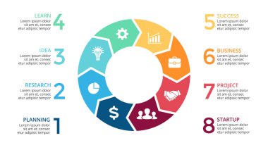 Daire okları Infographic vektör, döngüsü diyagramı, grafik, sunu grafik. İş kavramı ile 8 seçenekleri, parçalar, adımları, işler. 16 x 9 Slayt.