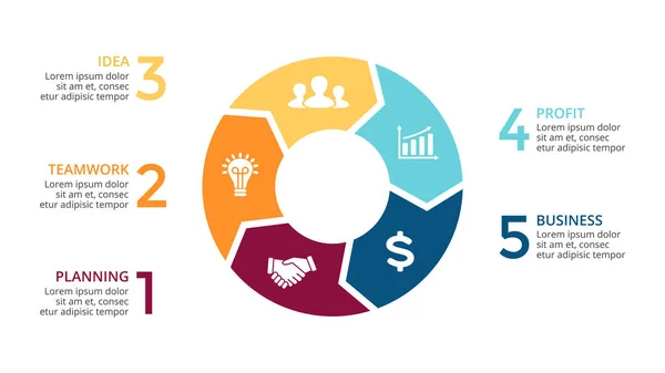 サークル矢印インフォ グラフィックをベクトル、サイクル図、グラフ、プレゼンテーションのグラフ。5 のオプション、部品、ステップのビジネス コンセプトを処理します。16 x 9 スライド. — ストックベクタ