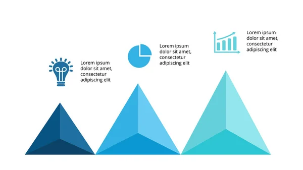 Infográfico de setas vetoriais para cima, gráfico de diagrama, apresentação de gráfico triangular. Conceito de linha do tempo de negócios com 3 opções, peças, etapas, processos . — Vetor de Stock