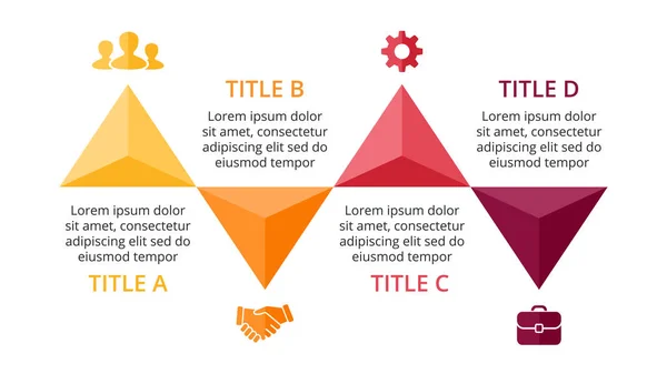 Vector pijlen infographic, diagram, grafiek, driehoek grafiek presentatie. Tijdlijn bedrijfsconcept met 4 opties, onderdelen, stappen, verwerkt. — Stockvector