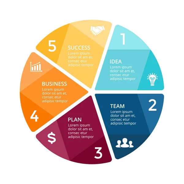 Infographie des flèches de cercle vectoriel, diagramme de cycle, graphique géométrique, graphique de présentation. Concept d'entreprise avec 5 options, pièces, étapes, processus . — Image vectorielle