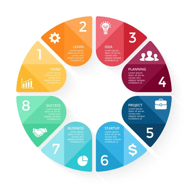 Infográfico de setas de círculo vetorial, diagrama de ciclo, gráfico, gráfico de apresentação. Conceito de negócio com 8 opções, peças, etapas, processos . — Vetor de Stock