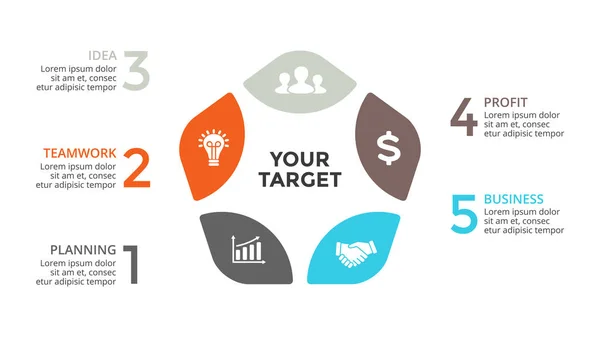 Vektorový infographic šipky kruh, cyklu, diagram, graf, graf prezentace. Obchodní koncept s 5 možností, díly, kroky, zpracuje. 16 x 9 snímků. — Stockový vektor