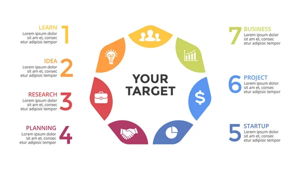 Инфографика векторных стрелок, диаграмма цикла, график, диаграмма представления. Бизнес-концепция с 7 вариантами, частями, этапами, процессами. Слайд 16x9 . — стоковый вектор