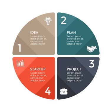 Daire okları Infographic vektör, döngüsü diyagramı, grafik, sunu grafik. İş kavramı ile 4 seçenekleri, parçalar, adımları, işler.