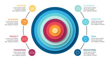 Vektör daireler soyut piramit Infographic, döngü diyagramı, grafik, sunu grafik. İş kavramı ile 8 seçenekleri, parçalar, adımları, işler.