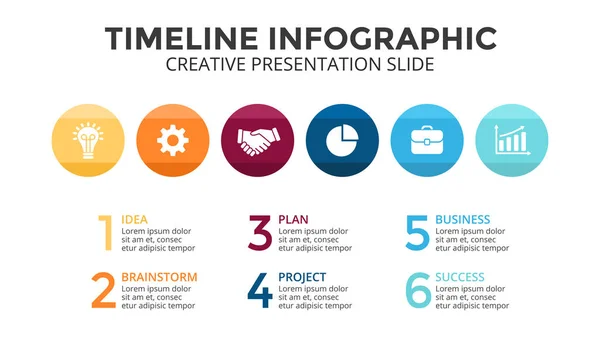 Vector cirkels tijdlijn infographic, diagram, grafiek, grafiek. Businessconcept met 6 opties, onderdelen, stappen, verwerkt. Klaar voor presentatie 16 x 9 dia. — Stockvector