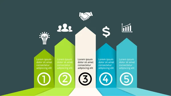 Setas vetoriais para cima progresso infográfico, gráfico de diagrama de desempenho, apresentação do gráfico de sucesso. Conceito de inicialização de negócios com 5 opções, peças, etapas, processos. Modelo de slide 16x9. Estratégia de marketing . — Vetor de Stock