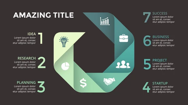Infográfico de setas de círculo vetorial, diagrama de ciclo, gráfico, gráfico de apresentação. Conceito de negócio com 7 opções, peças, etapas, processos. Modelo de corrediça 16x9 . — Vetor de Stock