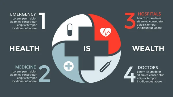 Vecteur plus infographie, diagramme médical, graphique des soins de santé, présentation à l'hôpital, carte d'urgence. Logo du médecin. Concept avec 4 options, pièces, étapes, processus . — Image vectorielle