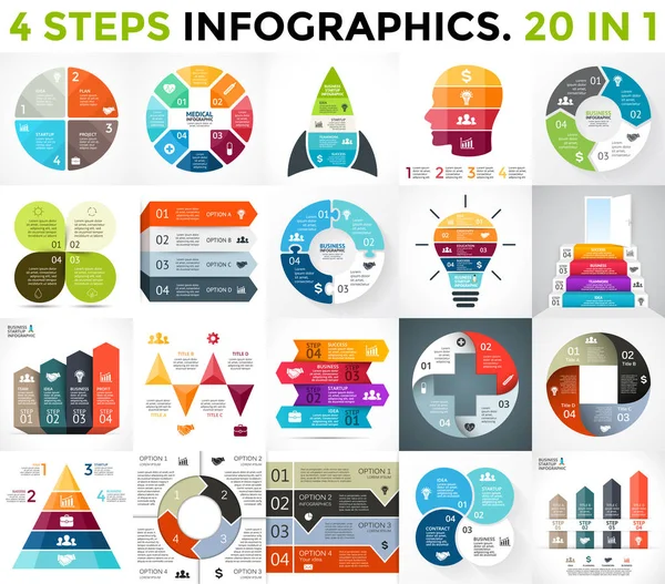 Vector melhor conjunto de infográficos. Diagramas de negócios, gráficos de setas, modelo de apresentações de inicialização, gráficos de ideias. Opções de dados com 4 partes, passos, processos. 20 em 1 . — Vetor de Stock