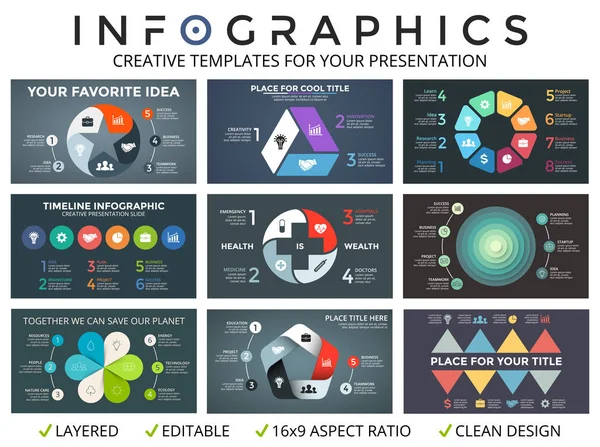 Conjunto de infográficos de setas de círculo vetorial, diagramas de ciclo, gráfico de inicialização, gráfico de pizza de apresentação. Conceito de negócio com 3, 4, 5, 6, 7, 8 opções, peças, passos, processos. Modelos de slides 16x9 . — Vetor de Stock