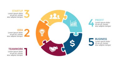 Vektör daire okları Infographic Bulmaca, döngüsü diyagramı, jigsaw grafik, sunu grafik. İş kavramı ile 5 seçenekleri, parçalar, adımları, işler.
