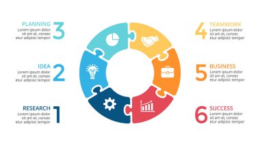 Vektör daire okları Infographic Bulmaca, döngüsü diyagramı, jigsaw grafik, sunu grafik. İş kavramı ile 6 seçenekleri, parçalar, adımları, işler.