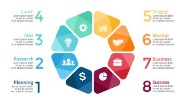 Daire okları Infographic vektör, döngüsü diyagramı, grafik, sunu grafik şablonu. İş kavramı ile 8 seçenekleri, parçalar, adımları, işler.