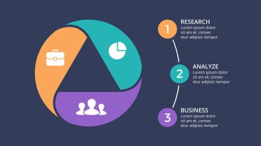 Daire okları Infographic vektör, döngüsü diyagramı, grafik, sunu grafik şablonu. İş kavramı ile 3 seçenekleri, parçalar, adımları, işler. Üçgen koyu arka plan.