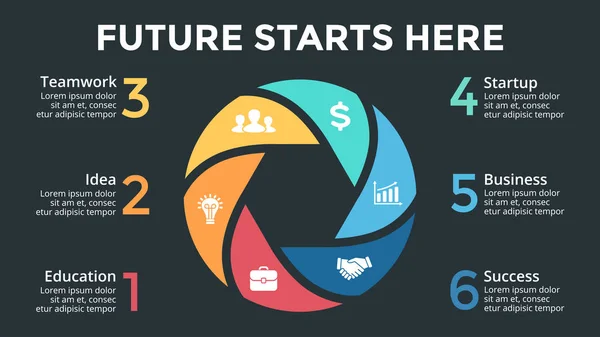 Vektorkreis Pfeile Infografik, Zyklusdiagramm, Sechseck-Diagramm, Präsentation Diagramm Vorlage. Geschäftskonzept mit 6 Optionen, Teilen, Schritten, Prozessen. 16x9 Folie. dunkler Hintergrund. — Stockvektor