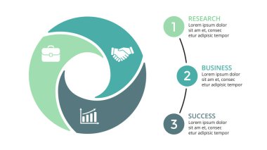 Daire okları Infographic vektör, döngüsü diyagramı, grafik, sunu grafik. İş kavramı ile 3 seçenekleri, parçalar, adımları, işler. 16 x 9 Slayt şablonu.