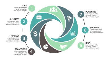 Daire okları Infographic vektör, döngüsü diyagramı, grafik, sunu grafik. İş kavramı ile 7 seçenekleri, parçalar, adımları, işler. 16 x 9 Slayt şablonu.